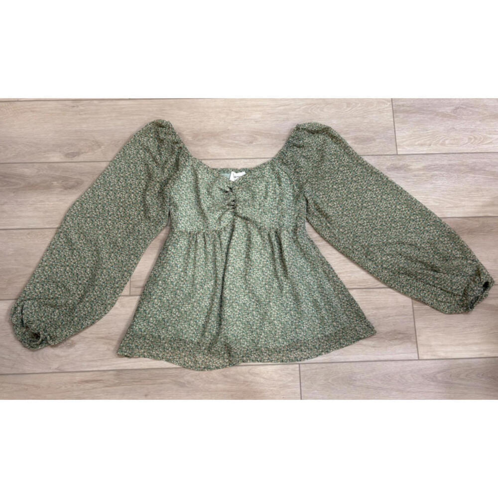 Heyson Womens Small Floral Green Blouse Babydoll L/S Sheer Cottagecore Prarie